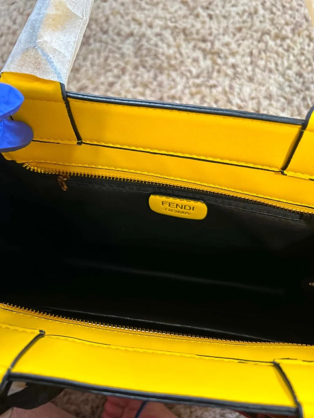 Fendi Yellow Roma Embossed Tote with Brown Logo Strap